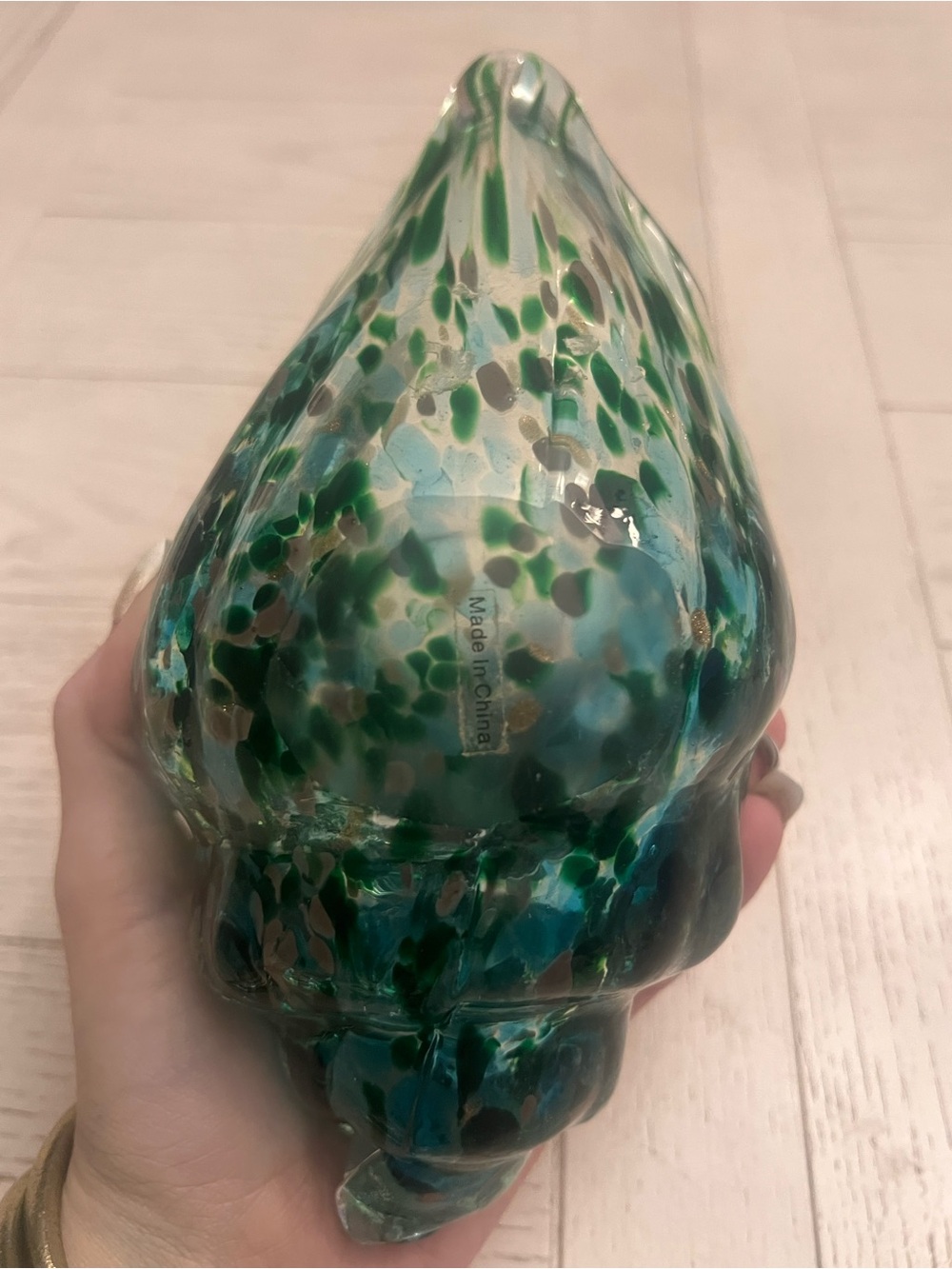 HQT Handblown Green/Teal Art Glass Shell Bowl -9” - Picture 6 of 8